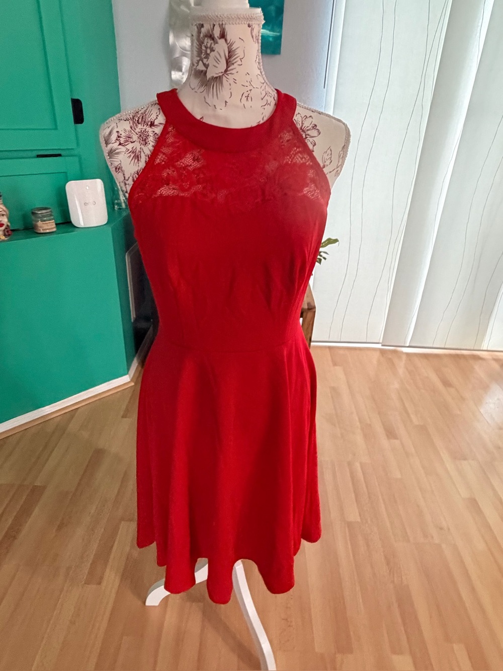 Sleeveless Red Lace Yoke Midi Dress